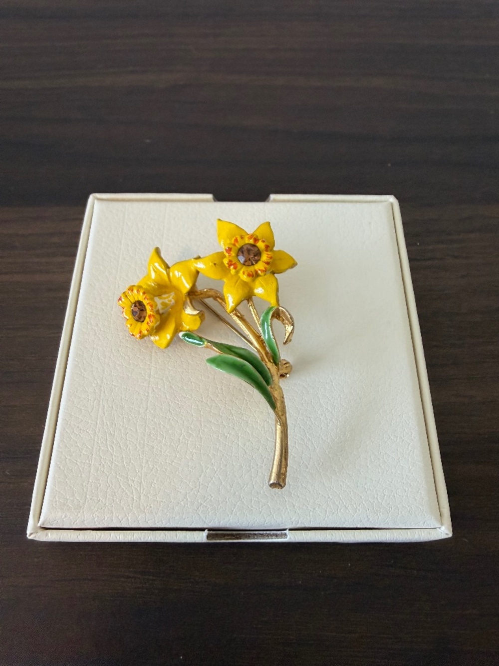 Vintage Hollywood Signed Yellow Enamel Daffodil Flower Brooch Gold Tone Crystal